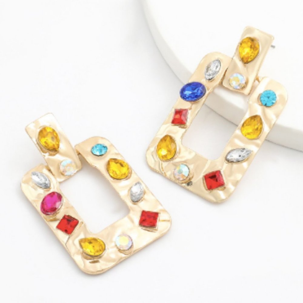 Rhinestone decorated rectangular earrings
